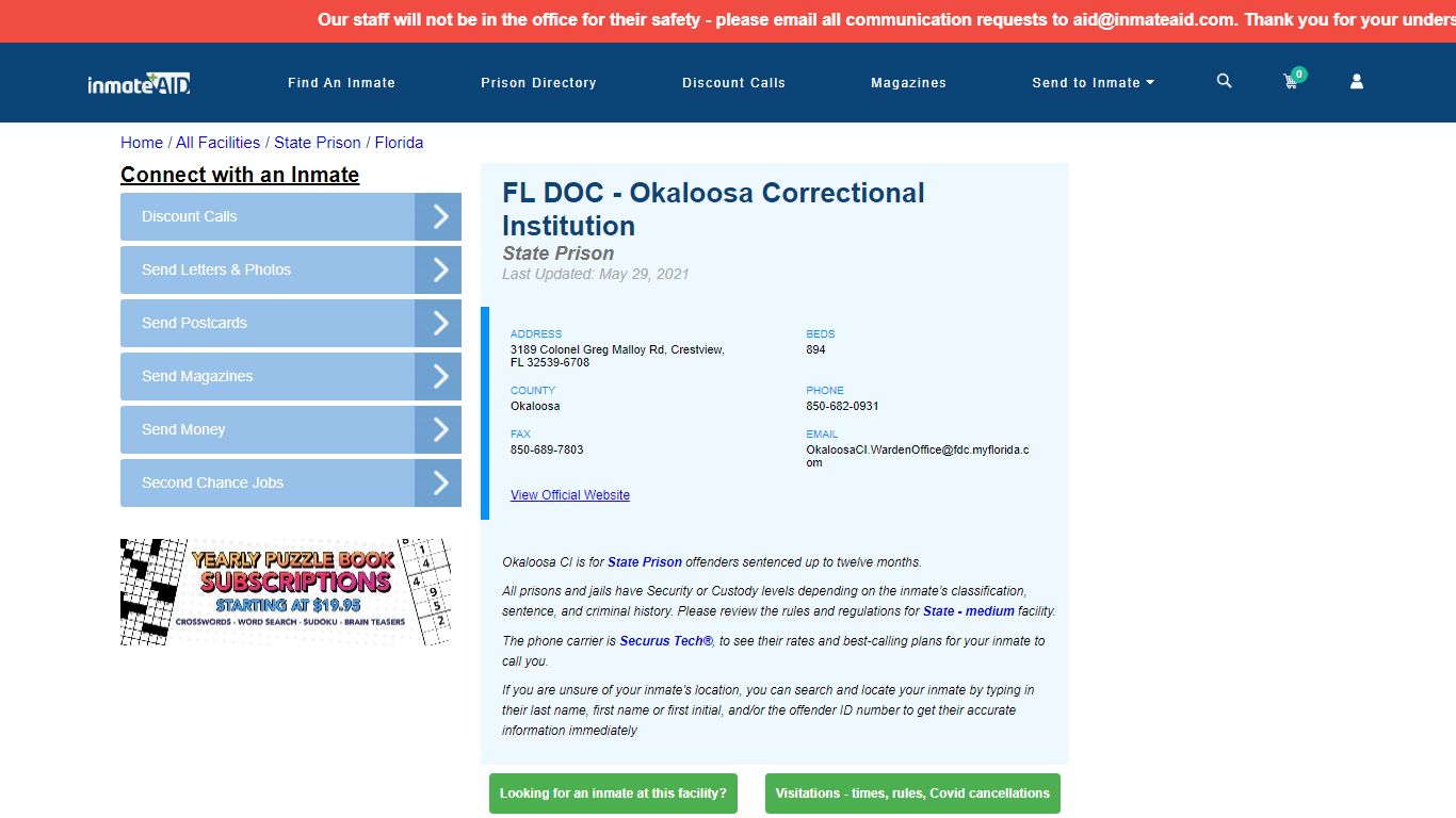 FL DOC - Okaloosa Correctional Institution & Inmate Search ...